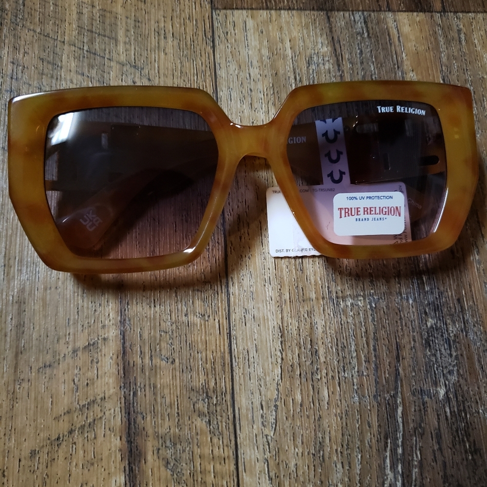 True Religion Honey Tortoise Shell Sunglasses with Gold Logo Accent